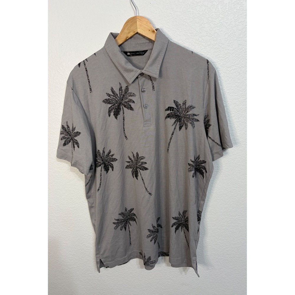 TravisMathew Mens XL Gray Palm Tree Print Short Sleeve Golf Polo Shirt